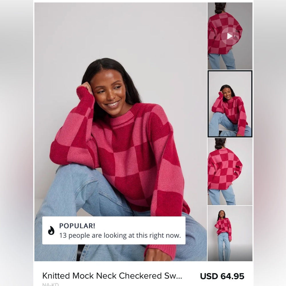 NA-KD Knitted Mock Neck Checkered Sweater